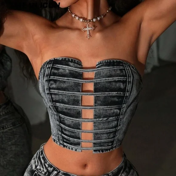 Shein Black Denim acid wash Strapless crop Top with strappy cutouts. - Picture 2 of 8